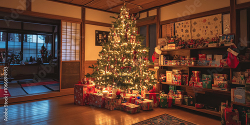 A beautifully decorated Christmas tree glowing with warm lights, surrounded by presents wrapped in colorful paper