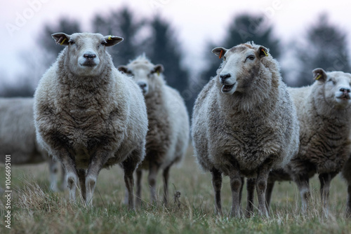 Sheep standes outside on field at dusk photo