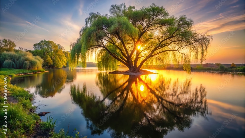 The ethereal willow's reflection dances on the Ukrainian river's surface. The ethereal willow's reflection dances on the Ukrainian river's surface.