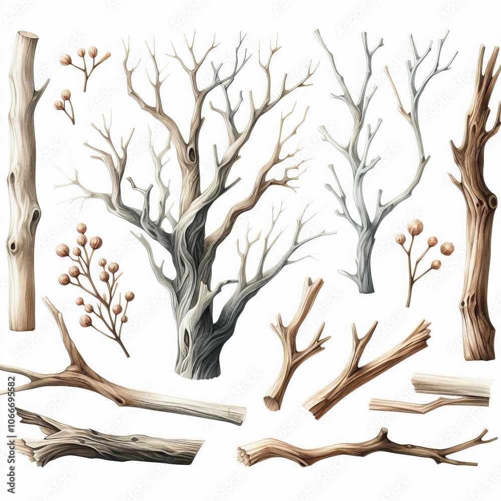 Fototapeta premium Snow-covered dead tree branches on white in winter forest