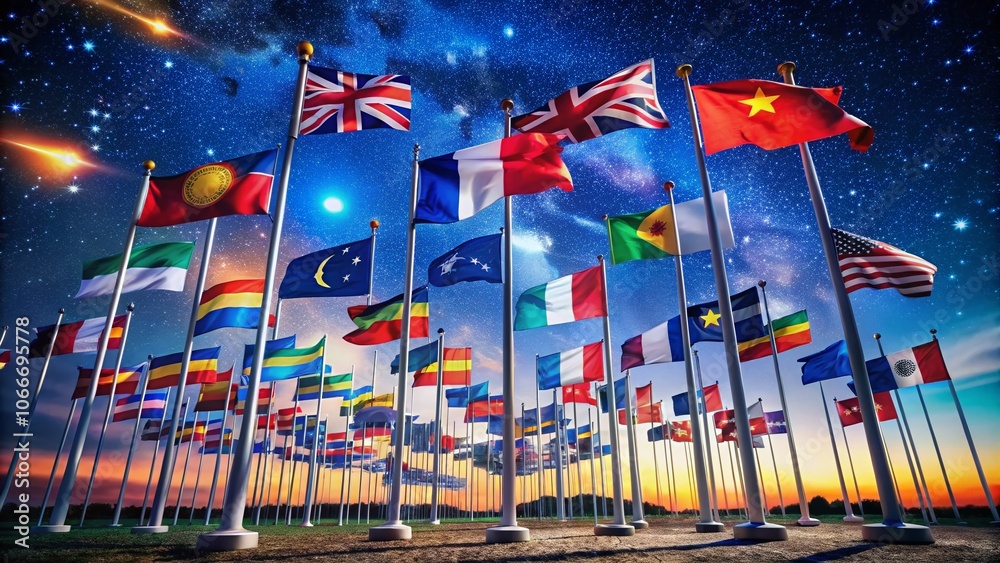 Night View of International Flags Illuminated Against a Starry Sky - Global Unity and Diversity Concept Photography Night View of International Flags Illuminated Against a Starry Sky - Global Unity and Diversity Concept Photography