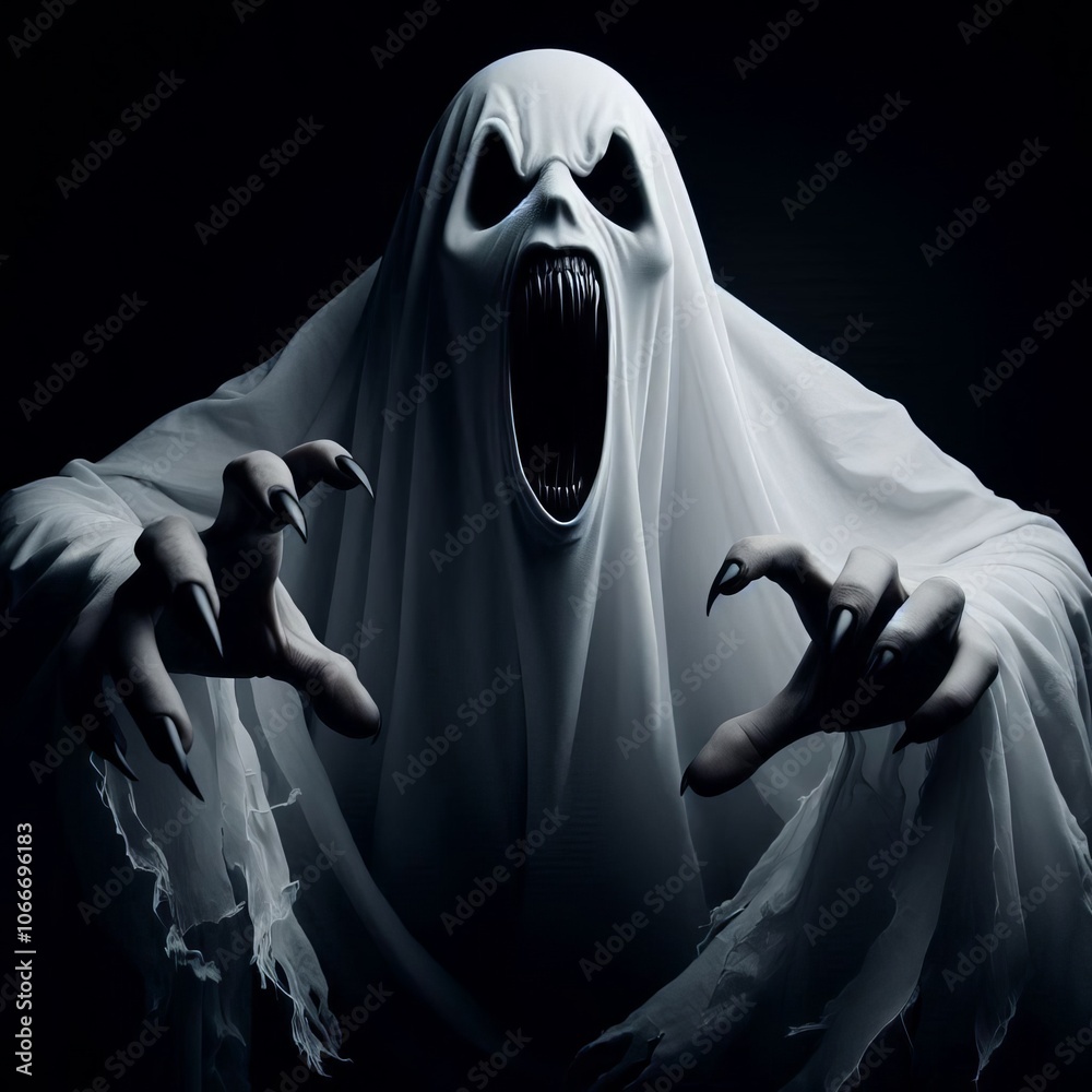 Scary Halloween ghost in the dark with a spooky white smoke, evoking fear and horror in a gothic atmosphere