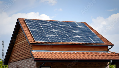 solar panels on the roof of house isolated with white shades, png