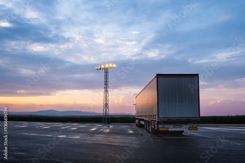 Panoramic view of A huge white trailer is parked in the truck parking lot of a service station. He is watching the sunset with a cloudy sky and the ground wet from the rain. There is a light turret on