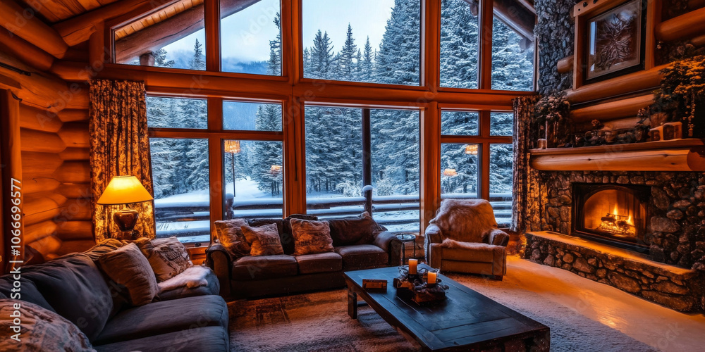 A cozy cabin living room with large windows, showcasing a snowy landscape while warm lights create a welcoming glow A cozy cabin living room with large windows, showcasing a snowy landscape while warm lights create a welcoming glow