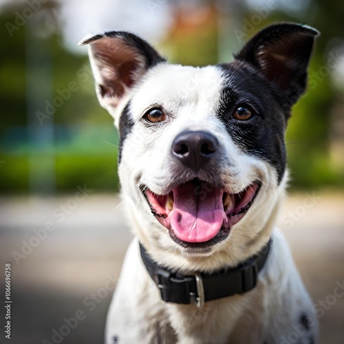 a black and white dog with its tongue out