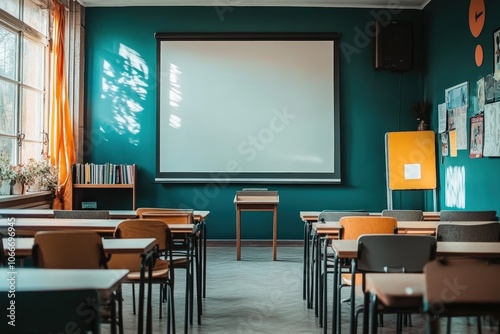 Classroom setup with projector screen, neatly arranged desks, and natural light from windows, creating a conducive learning environment in an educational setting