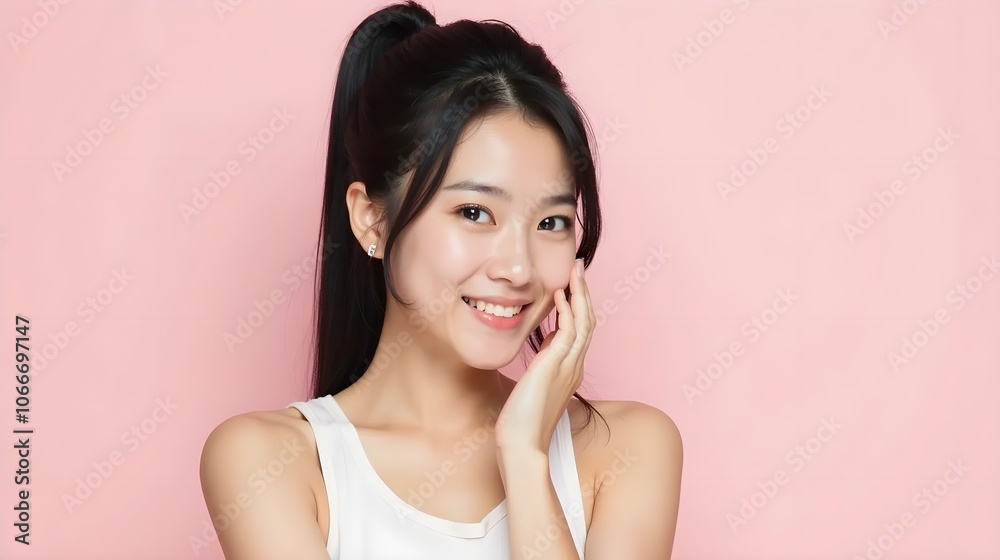 Asian young woman with long, black hair tied back in a ponytail. She is touching her face with one hand and looking directly at the camera with a soft smile. Asian young woman with long, black hair tied back in a ponytail. She is touching her face with one hand and looking directly at the camera with a soft smile.