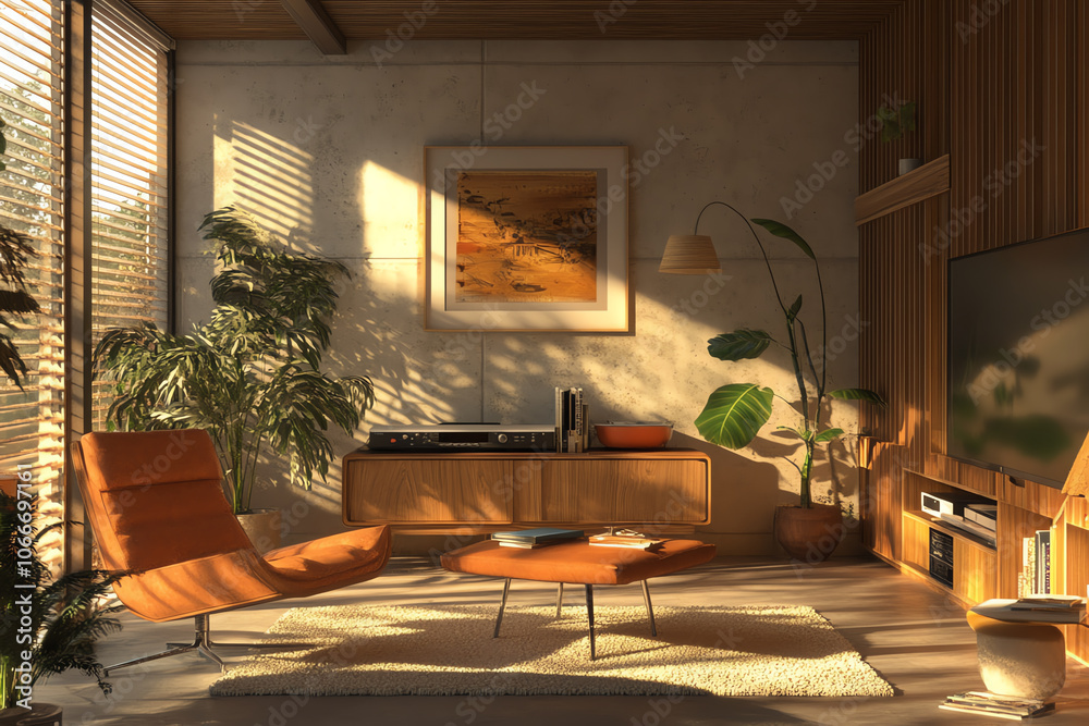 Fototapeta premium Bright midcentury modern eclectic room, natural light, soft shadows on wooden floors, mix of patterns and textures, highquality 3D render