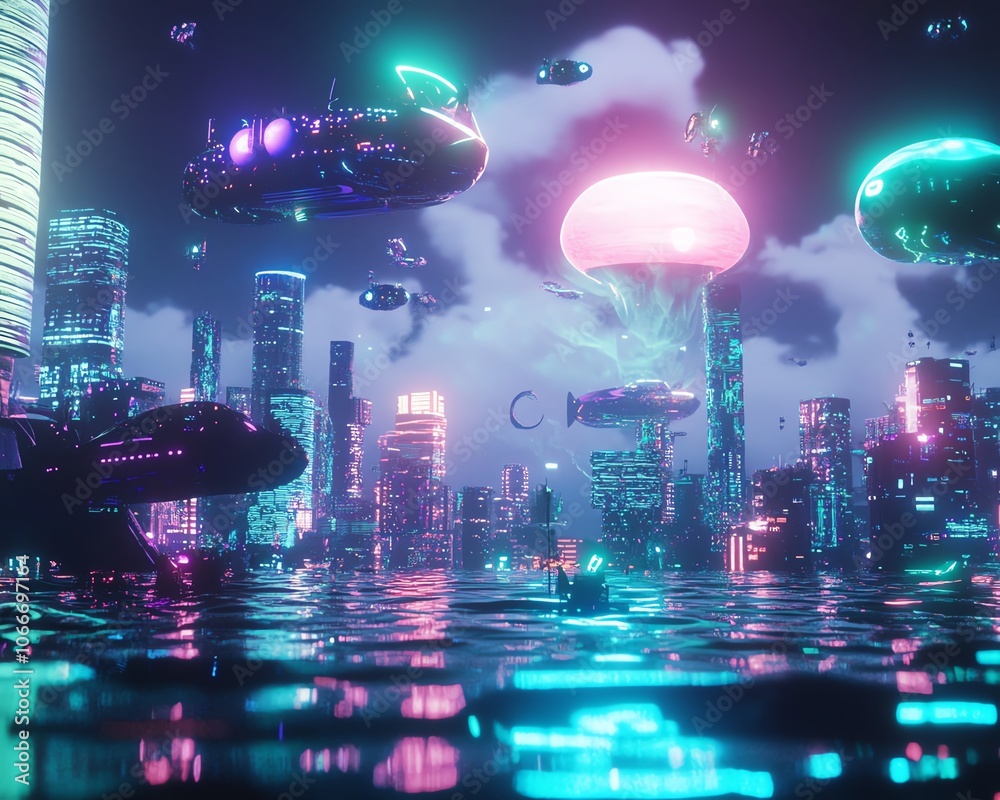 Long shot of a surreal underwater city, glowing with bioluminescent plants, surrounded by futuristic submarines, vibrant colors and dreamlike atmosphere Long shot of a surreal underwater city, glowing with bioluminescent plants, surrounded by futuristic submarines, vibrant colors and dreamlike atmosphere