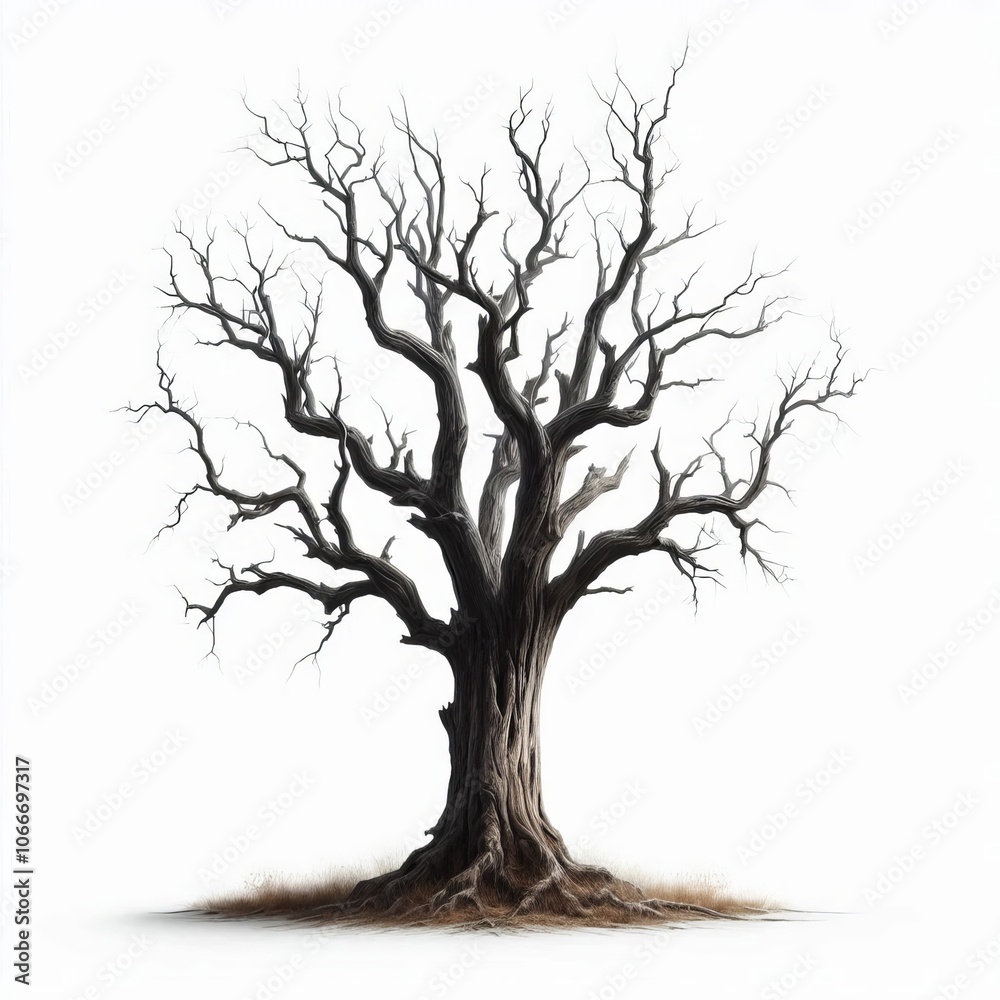 Silhouette of a bare oak tree in a foggy winter morning with frost covering the landscape in a cold black and white forest scene Silhouette of a bare oak tree in a foggy winter morning with frost covering the landscape in a cold black and white forest scene