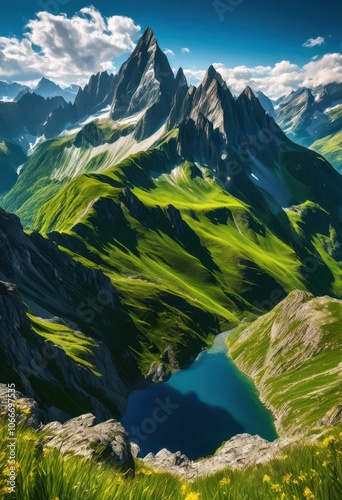 breathtaking views majestic mountain ranges dramatic peaks lush valleys under clear blue sky, alpine, backdrop, beauty, biome, cliff, contour, exploration photo