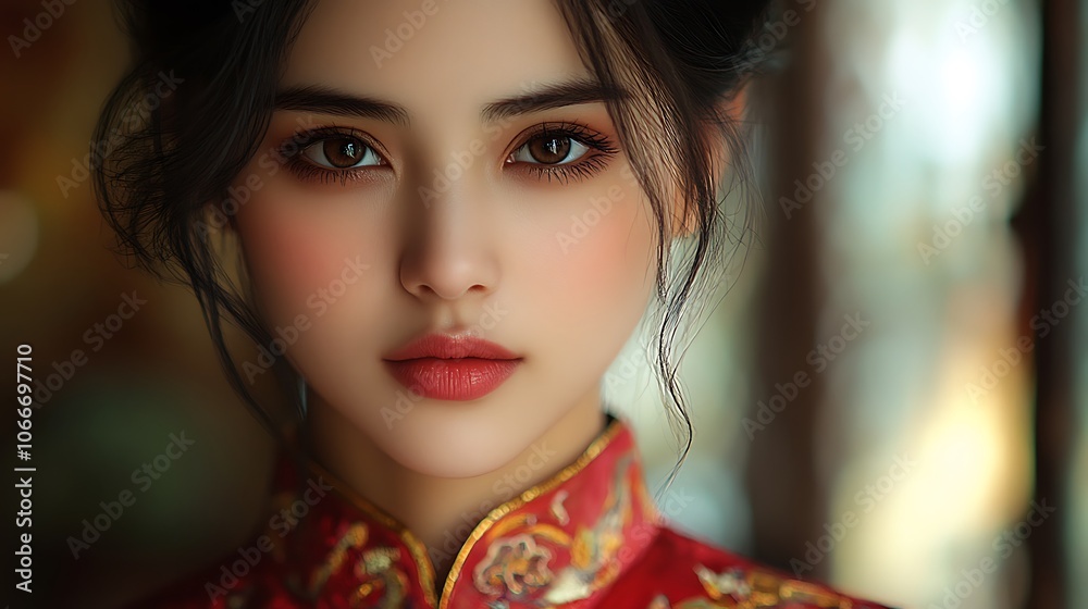 Close-up portrait of a woman in a traditional cheongsam, her face softly illuminated by natural light, showing a serene expression. Background subtly blurred with hints of an ornate interior, Close-up portrait of a woman in a traditional cheongsam, her face softly illuminated by natural light, showing a serene expression. Background subtly blurred with hints of an ornate interior,