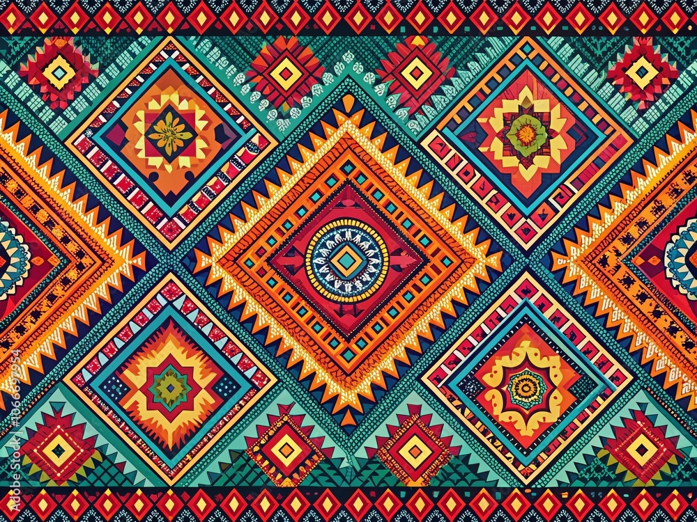 Panoramic Vector Geometric Patterns with Stripes and Ethnic Designs - Decorative Ethnic Print for Backgrounds, Textiles, and Wallpaper in Vibrant Colors
