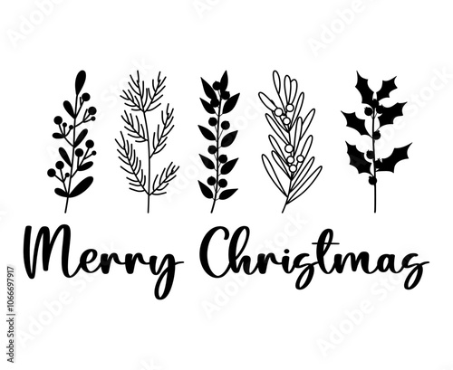 Merry Christmas hand drawn vector illustration, holiday print with winter branches