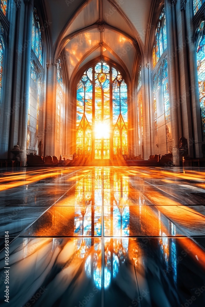 Sunlight Through Stained Glass Window in Church Interior. Sunlight Through Stained Glass Window in Church Interior.