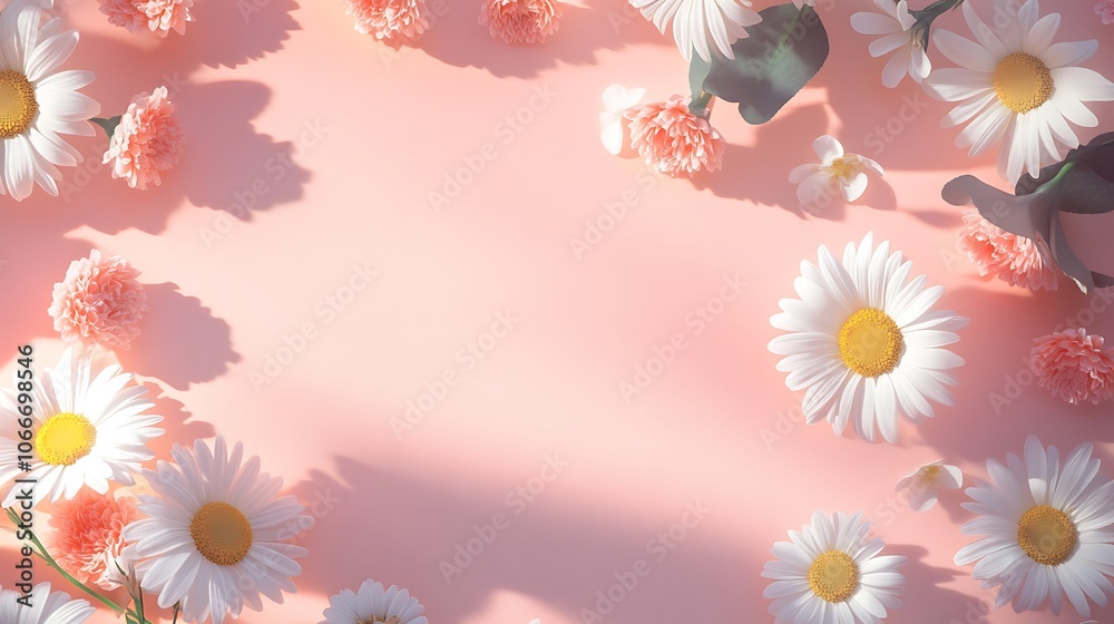 Pink and White Flowers with Shadows on a Light Pink Background