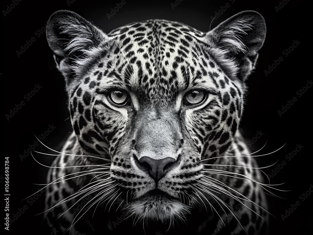 Obraz premium Panther Head Graphic: Bold Black and White Design with Intricate Details, Perfect for T-Shirts, Logos, and Branding, Showcasing the Majestic Power of the Panther in Modern Art