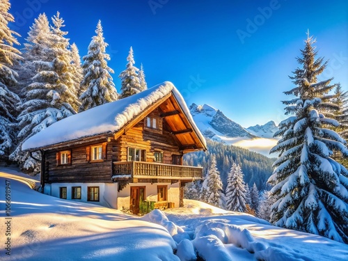 Vertical vista of a snowy forest chalet, clear blue sky.