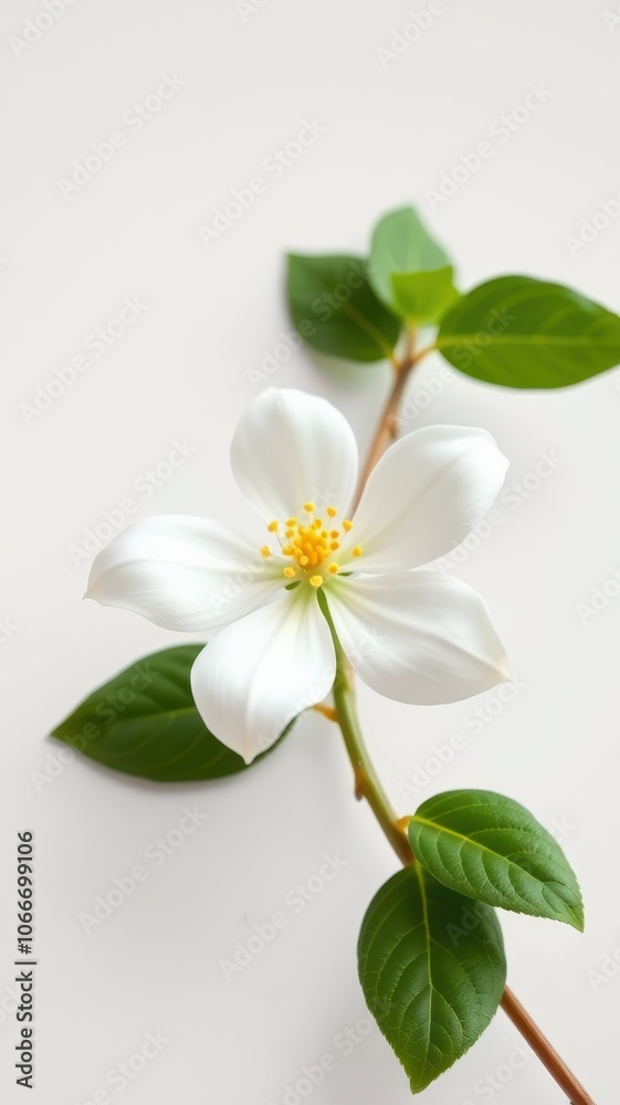 A single, delicate white flower blooms on a branch with green leaves against a white background A single, delicate white flower blooms on a branch with green leaves against a white background