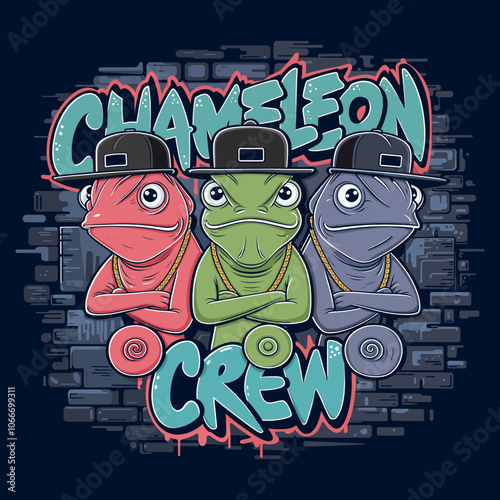 Colorful Chameleon Crew Cartoon in Urban Hip Hop Style - T-Shirt Print Design