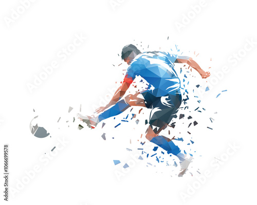 Soccer player kicking ball, football. Isolated distorted vector illustration. Team sports, side view