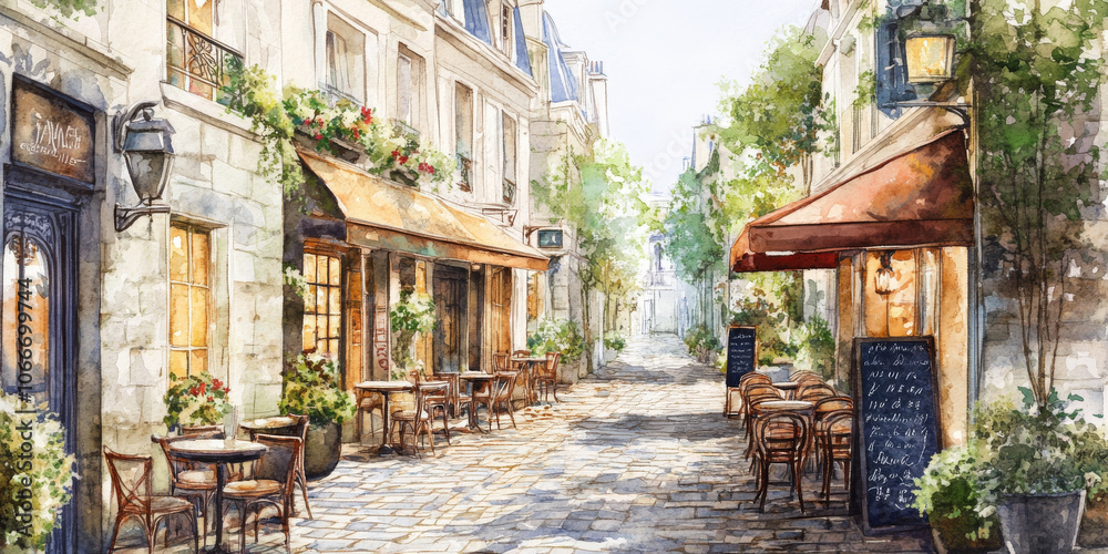 Fototapeta premium Hand painted watercolor of a Parisian street with quaint buildings, cafe tables, and a cobblestone path