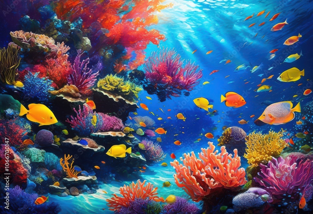 Fototapeta premium vibrant coral reef ecosystem featuring colorful marine diverse underwater flora lively ocean background, aquatic, biodiversity, algae, anemone, aquarium