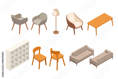 Isometric style assortment of modern furniture items chairs, sofas, and tables, perfect for interior design and home decor visuals. Ideal for lifestyle furniture. Vector illustration