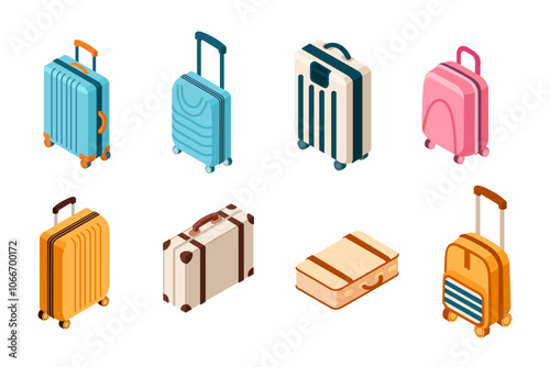 Collection of travel suitcases and bags in various colors and designs. Isometric style. Suitable for travel, tourism, and holiday themes. Vector illustration