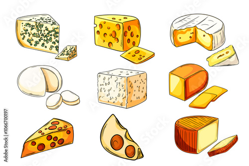 Variety of cheese types including blue cheese, brie, cheddar, and Swiss, representing dairy, culinary arts, and gourmet foods. Ideal for food, recipe, and culinary themes. Vector illustration