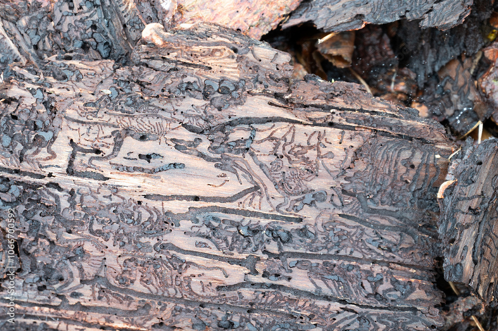 Tree bark infested with bark beetle, galleries and single winding tracks on a dead wood, dieback trees forest, environment damage Tree bark infested with bark beetle, galleries and single winding tracks on a dead wood, dieback trees forest, environment damage