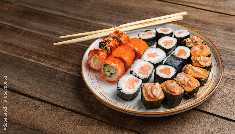 A plate filled with various sushi rolls alongside a pair of chopsticks placed on a wooden table and Copy Space A plate filled with various sushi rolls alongside a pair of chopsticks placed on a wooden table and Copy Space
