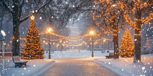 A snow-covered park with decorated Christmas trees and festive lights casting a warm glow