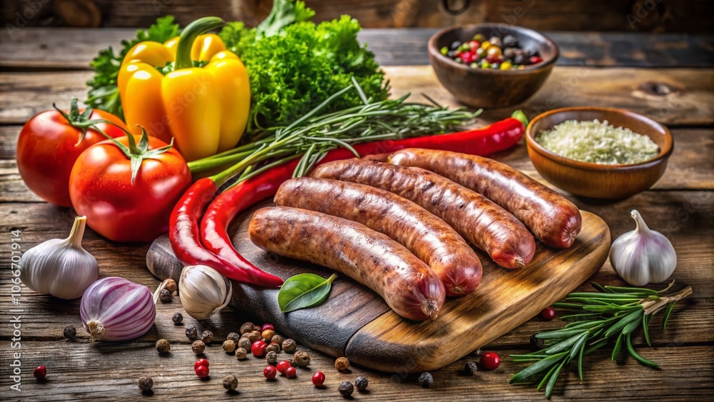 Raw and Cooked Sausage Composition with Fresh Vegetables on Rustic Wood Table - Delicious Food Photography for Culinary Arts, Recipes, and Food Blogs Raw and Cooked Sausage Composition with Fresh Vegetables on Rustic Wood Table - Delicious Food Photography for Culinary Arts, Recipes, and Food Blogs