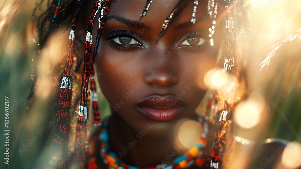 Intense and poised portrait of a woman in Maasai dress, beaded jewelry