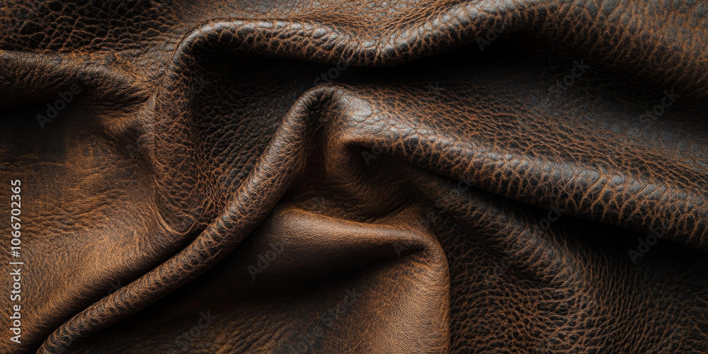 Fototapeta premium Worn leather texture in a dark brown shade with natural creases and weathered spots