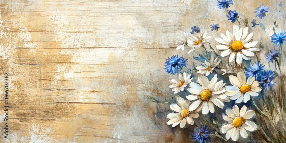 Obraz premium Hand painted watercolor of a bouquet of daisies and cornflowers with a rustic background