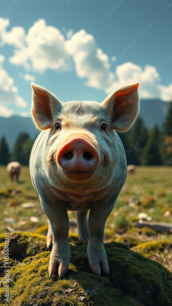 A pig stands on a mossy rock, looking directly at the camera in a field with a blue sky and white clouds A pig stands on a mossy rock, looking directly at the camera in a field with a blue sky and white clouds