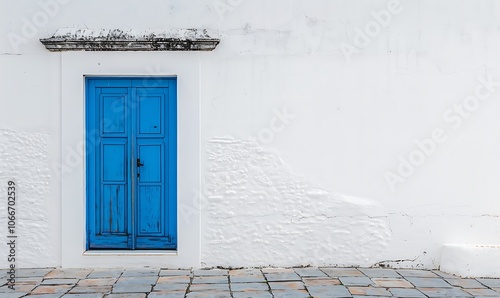 Blue wooden door on a white wall in Chefchaouen, Morocco