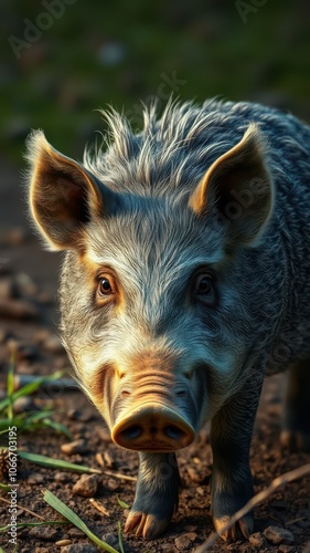 A wild boar walks through a forest, looking directly at the camera with its snout raised