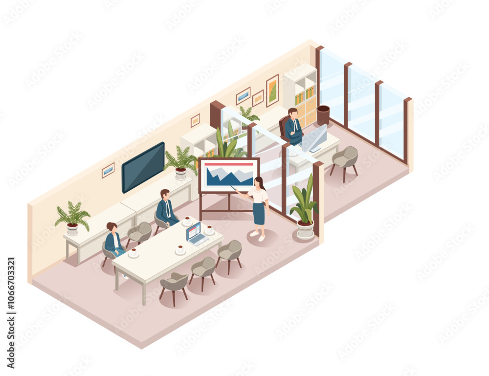 Isometric meting room with a presenter explaining data on a board to a group, teamwork, presentation, and corporate culture. Great for business, education, and collaboration. Vector illustration Isometric meting room with a presenter explaining data on a board to a group, teamwork, presentation, and corporate culture. Great for business, education, and collaboration. Vector illustration