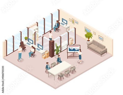 Isometric collaborative office space with multiple employees working in an open-plan area. Teamwork, productivity, and modern workspace design. Ideal for business and teamwork Vector illustration