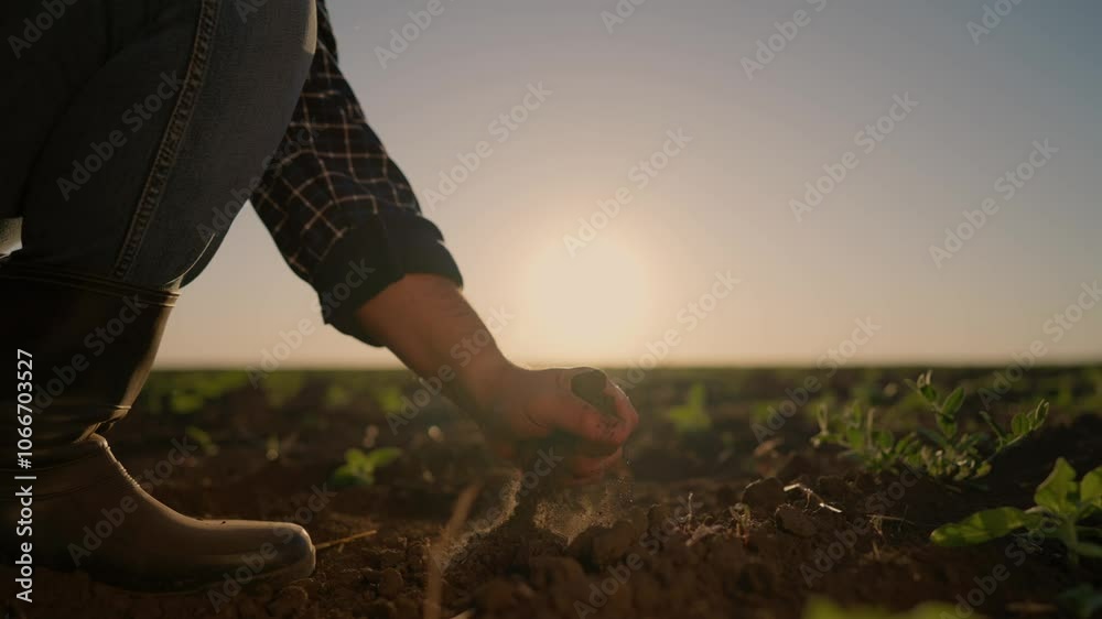 Agricultural work and gardening, farmer hand taking and pouring soil in field. Picturesque landscape in farmland in summer morning, beautiful sunrise or sunset, agronomist touching land, slow motion