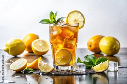 Refreshing Iced Lemon Tea in Long Exposure with Crisp Clarity, Perfect for Summer Drinks, Beverage Photography, and Culinary Inspiration on a Clean White Background