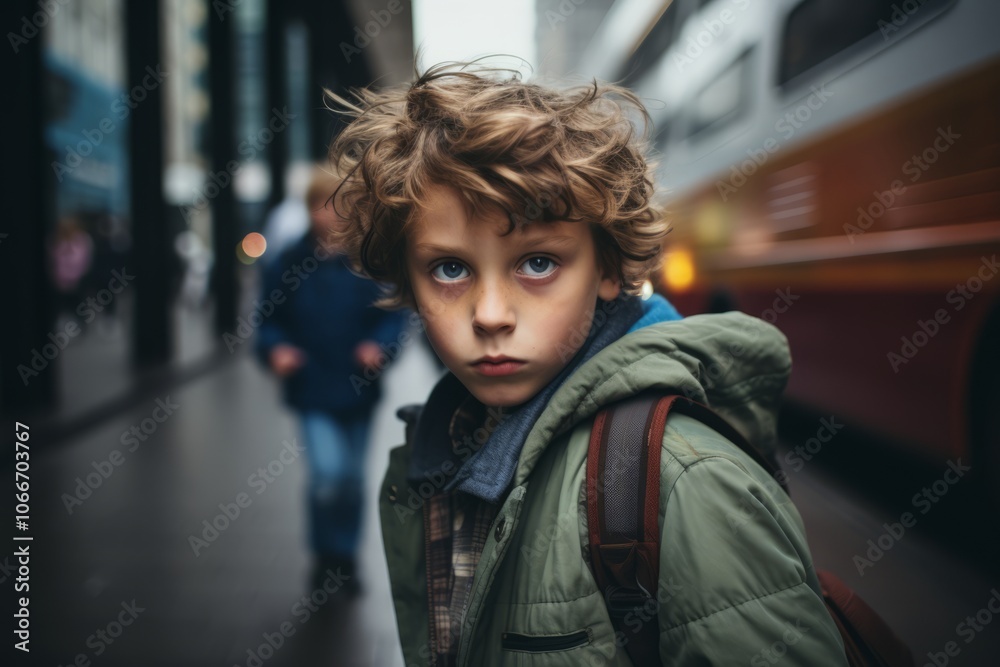 portrait of a boy with a backpack and a train in the background portrait of a boy with a backpack and a train in the background