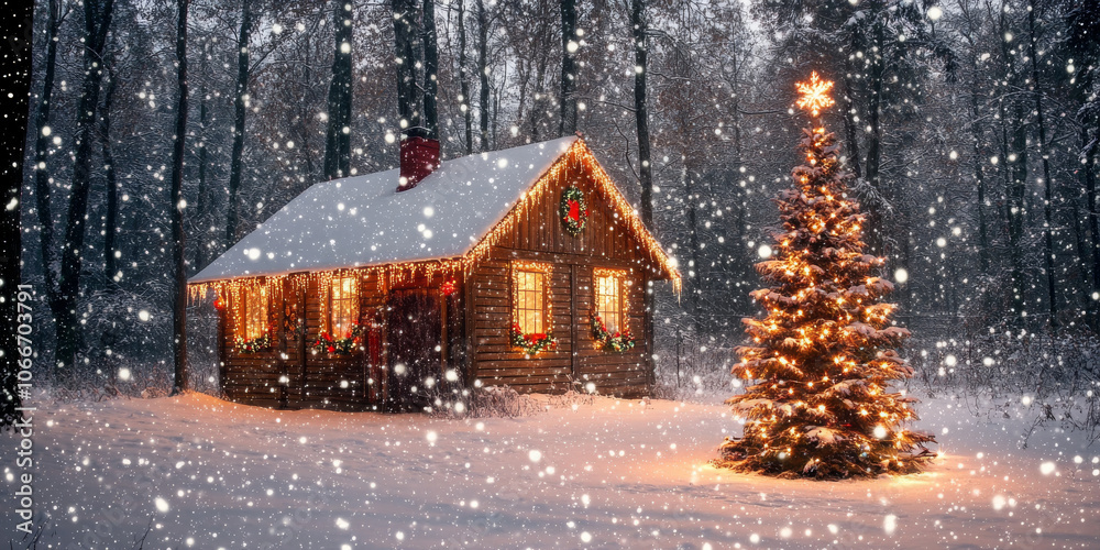 Naklejka premium Soft snowfall over a cabin in the woods decorated with Christmas lights and a snow-covered tree outside