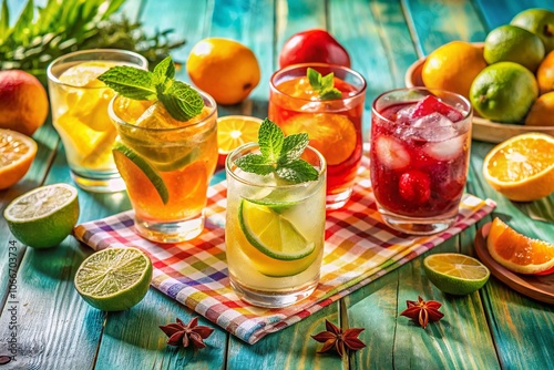 Refreshing Summer Drinks with Ice and Citrus - Vibrant Cocktails, Lemonade, Lime, Mint, Refreshments for Hot Days, Colorful Beverage Display, Summer Party Essentials, Cool Drinks with Ice