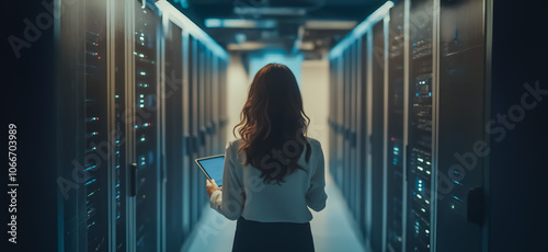 A female technician checks equipment in a modern data center, with rows of server racks illuminated with yellow lights, providing a high-tech environment.