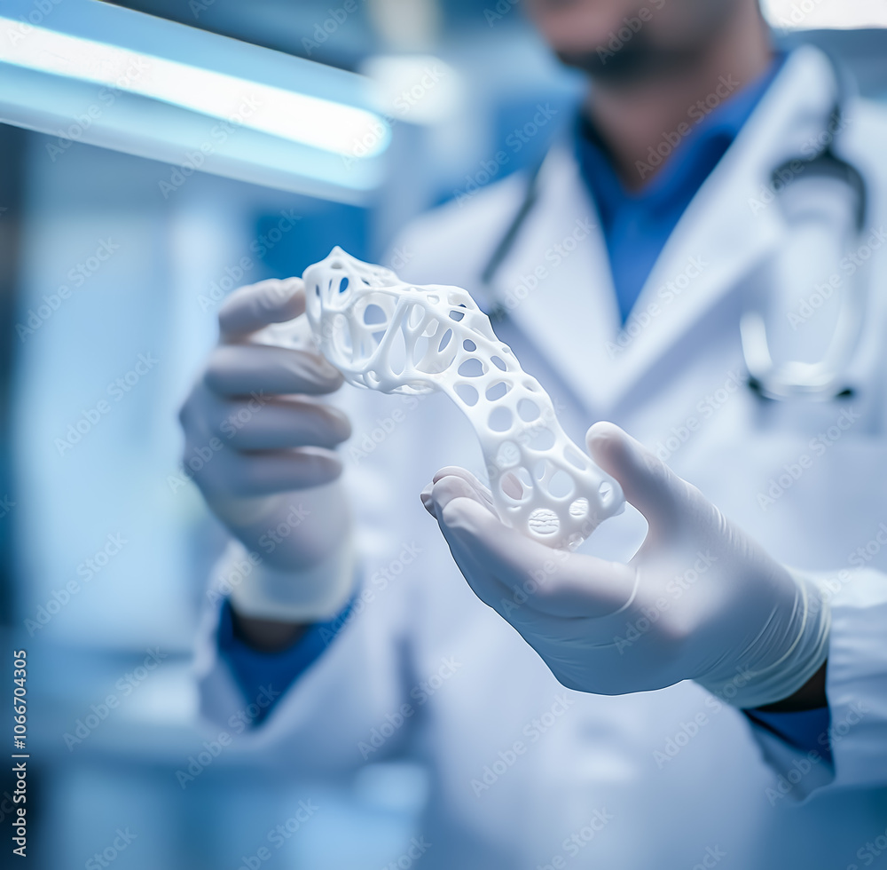 Doctor wearing a white coat holds a complex, white 3D-printed medical model in a high-tech laboratory, displaying intricate details in a sterile environment.